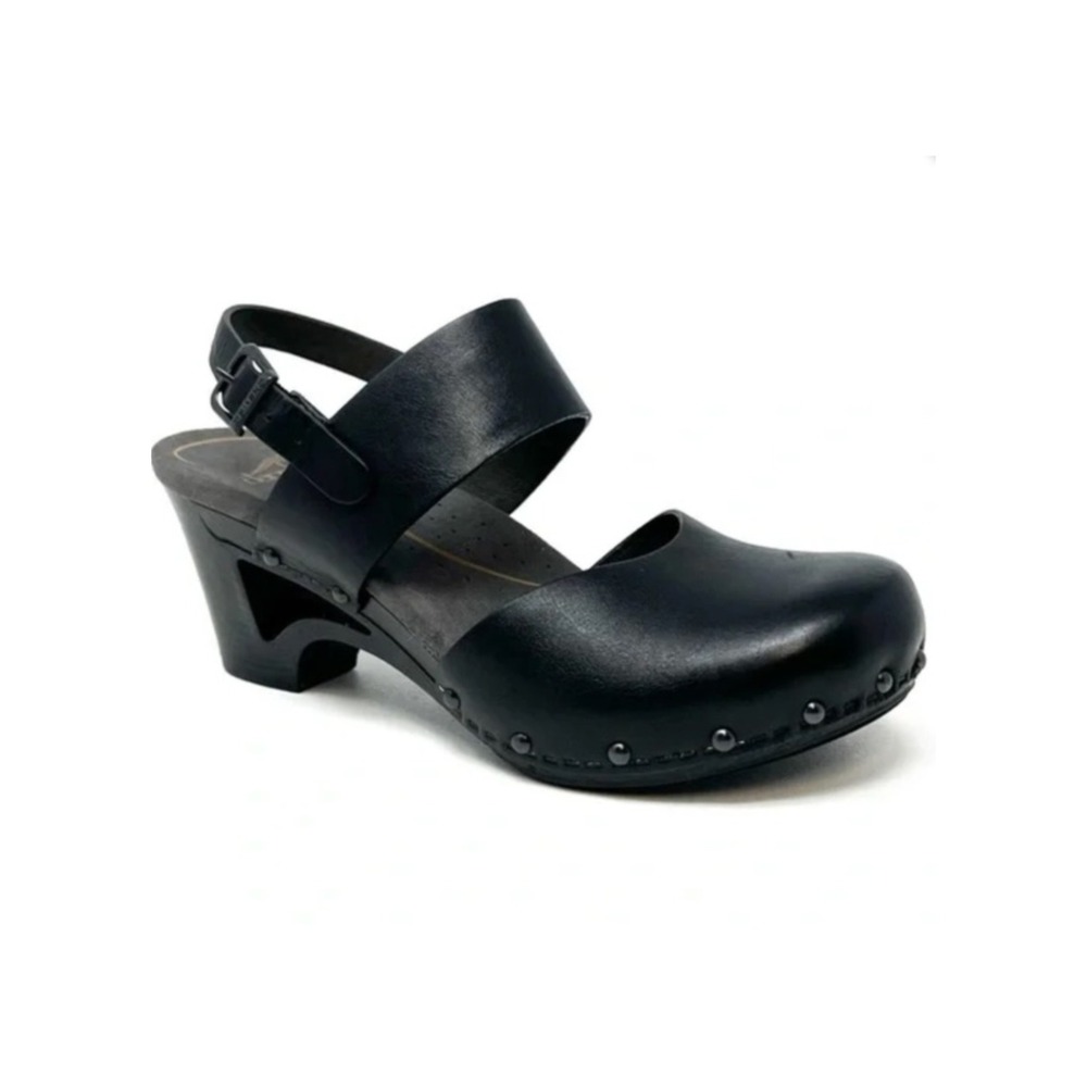 Dansko Thea Clog Wedge Black Leather Studded Slingback‎ Buckle Shoes Size 38